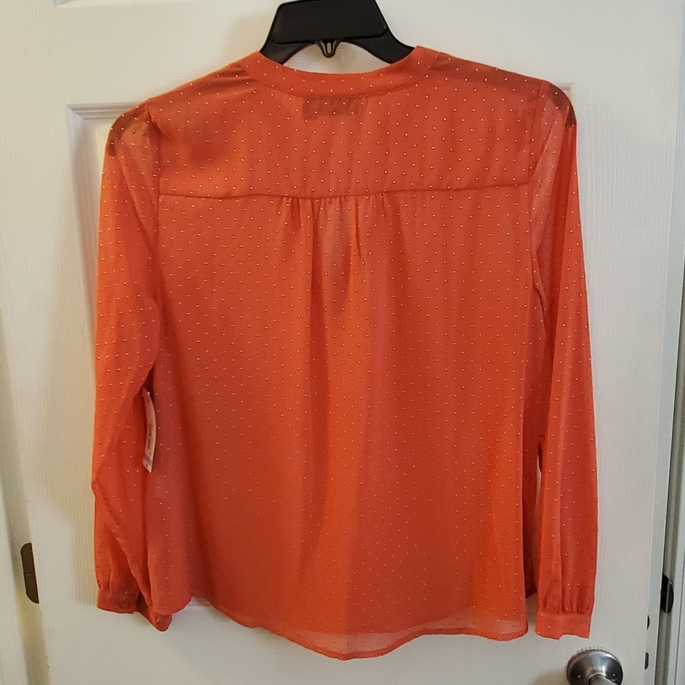 a.n.a. sz Petite L spice coral sheer long slv top NWT gold dot feminine romantic - Picture 6 of 14